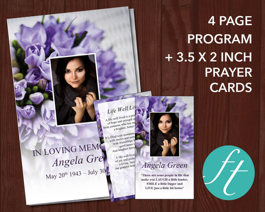 4 Page Purple Bouquet Funeral Program Template + Prayer Card