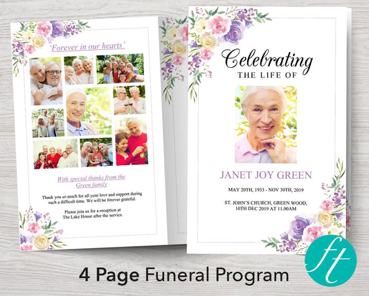 4 Page Purple Spray Funeral Program Template