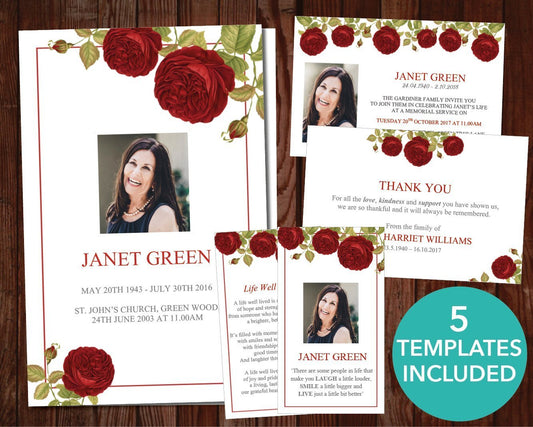 4 Page Red Rose Funeral Program Template + 4 matching Templates