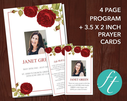 4 Page Red Rose Funeral Program Template + Prayer Card