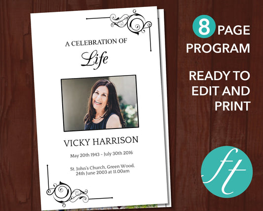 8 Page Black Ornate Funeral Program Template