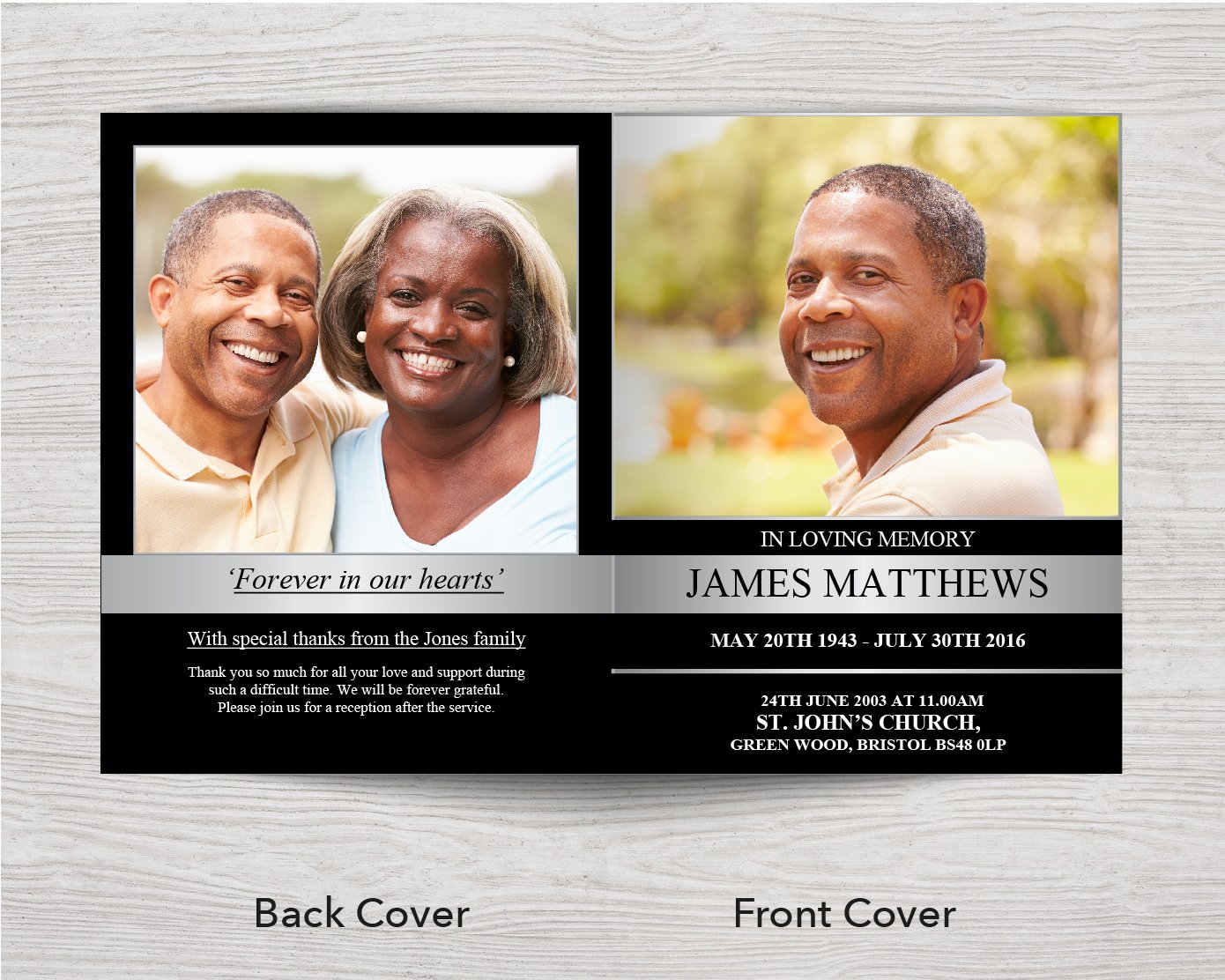 8 Page Black & Silver Funeral Program Template (11 x 17 inches)