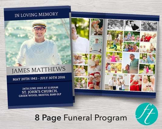 8 Page Classic Blue Funeral Program Template