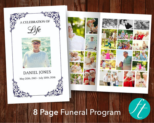8 Page Flora Blue Funeral Program Template