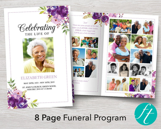 8 Page Peonies Corners Funeral Program Template
