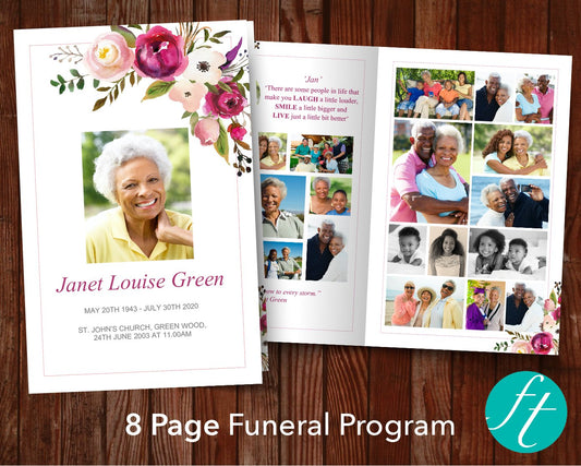 8 Page Pink Bloom Funeral Program Template