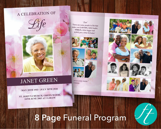 8 Page Pink Blossom Funeral Program Template