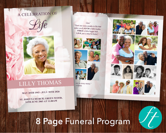 8 Page Pink Carnations Funeral Program Template