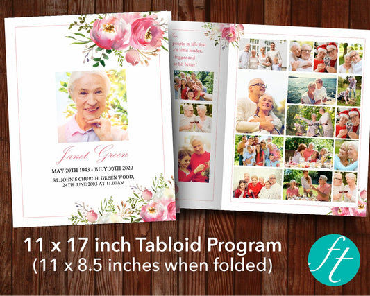 8 Page Pink Floral Funeral Program Template (11 x 17 inches)