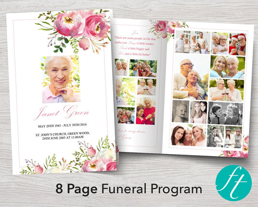 8 Page Pink Floral Funeral Program Template
