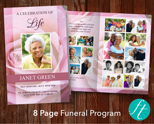8 Page Pink Rose Funeral Program Template