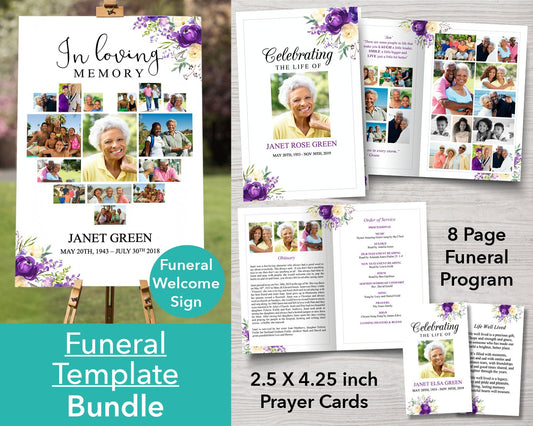 8 Page Purple Bloom Funeral Program + Welcome Sign & Prayer Card
