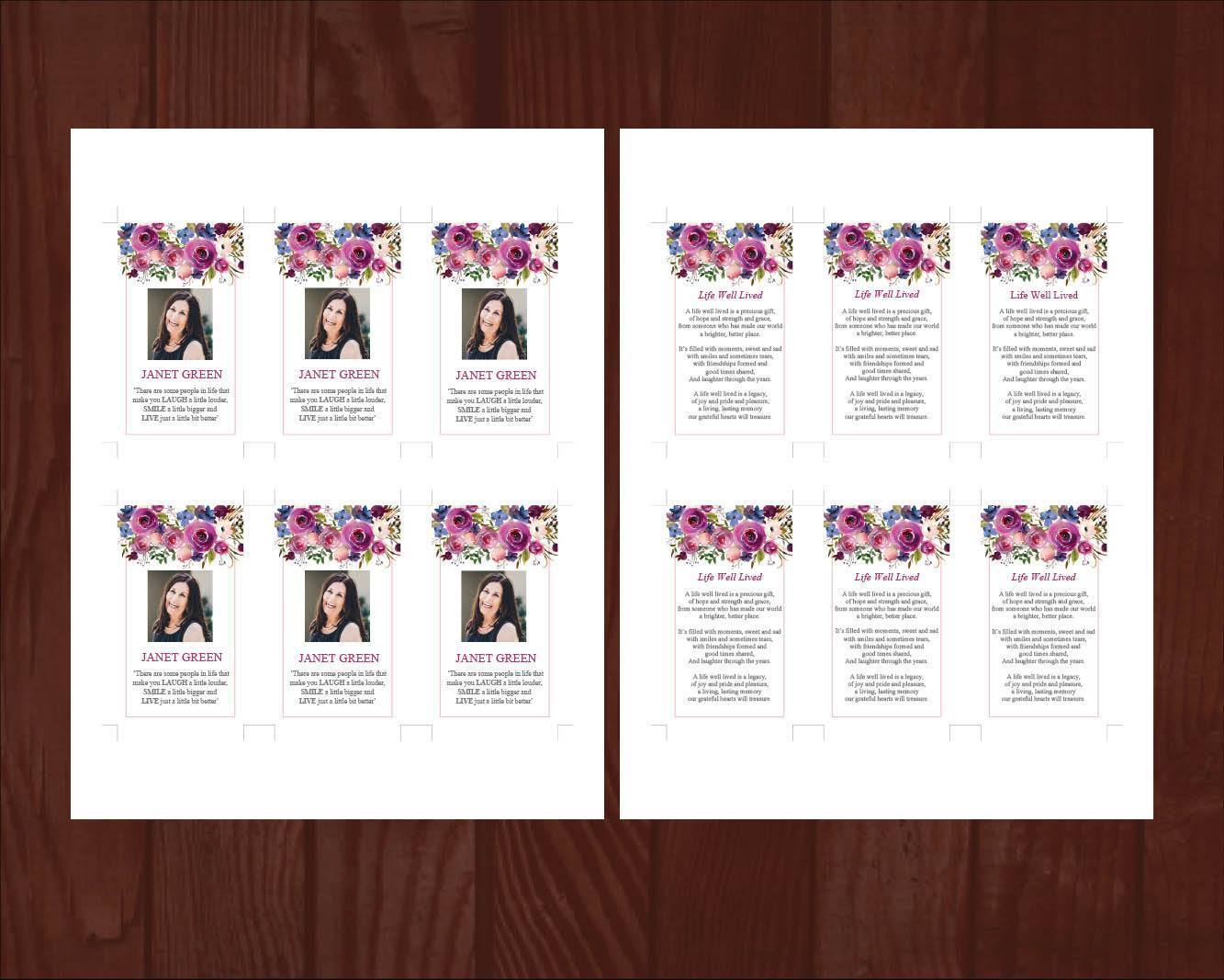 8 Page Purple Roses Funeral Program Template + Prayer Card