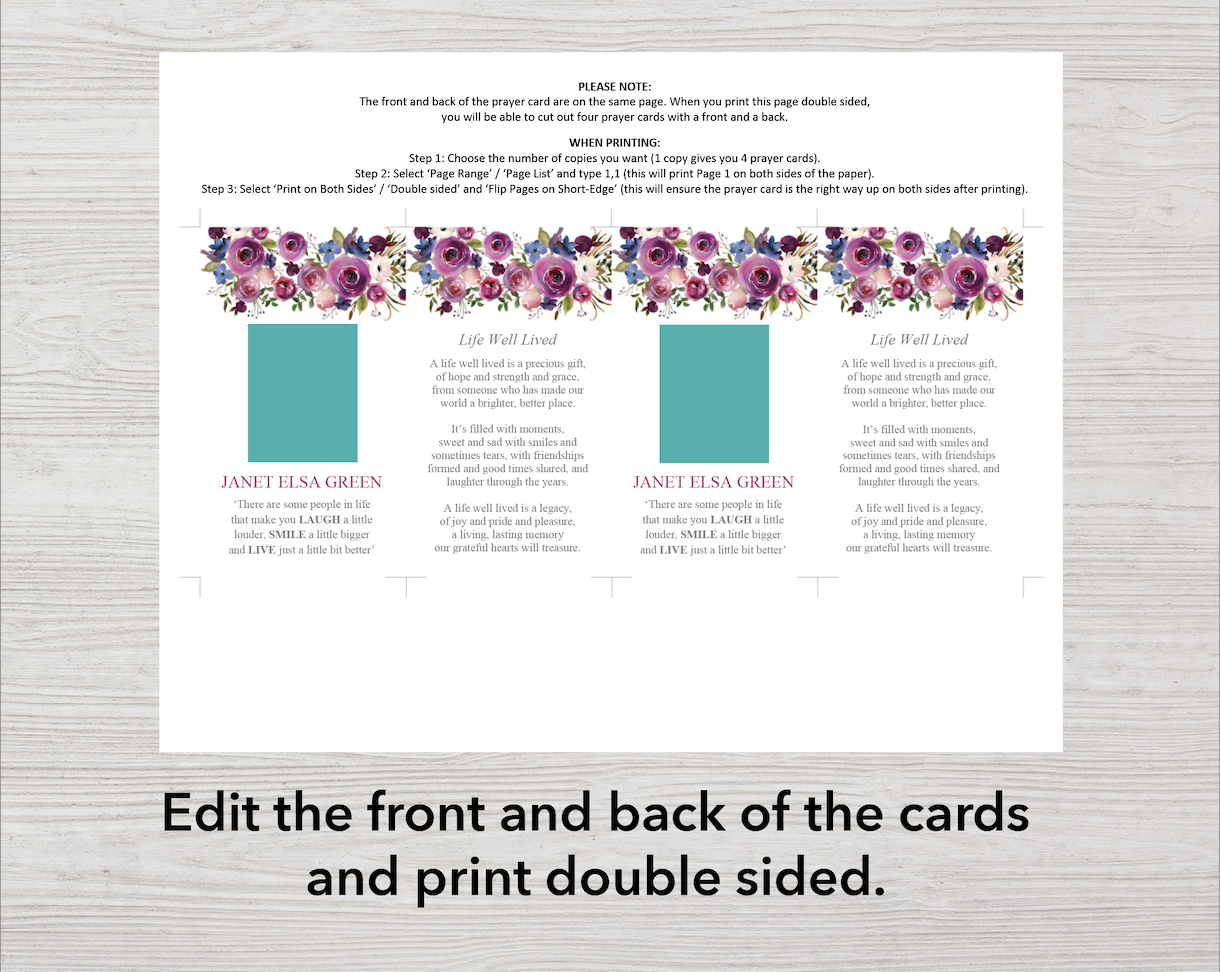 8 Page Purple Roses Funeral Program + Welcome Sign & Prayer Card