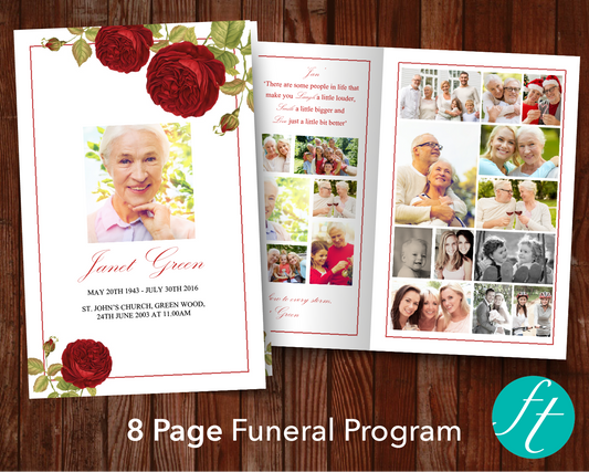 8 Page Red Rose Funeral Program Template