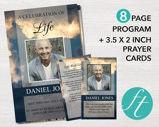 8 Page Sky Funeral Program Template + Prayer Card