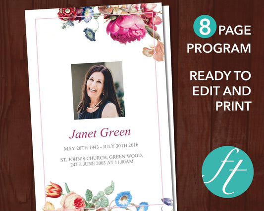 8 Page Vintage Floral Funeral Program Template
