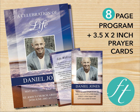 8 Page Waves Funeral Program Template + Prayer Card