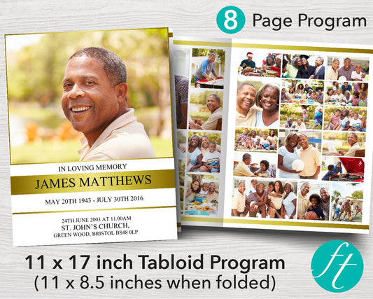 8 Page White & Gold Funeral Program Template (11 x 17 inches)