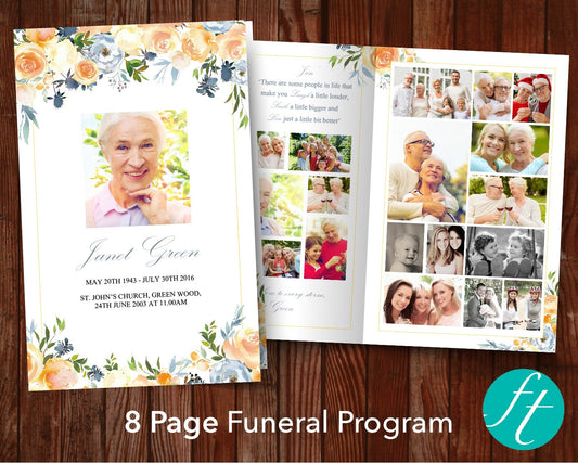 8 Page Yellow Bouquet Funeral Program Template