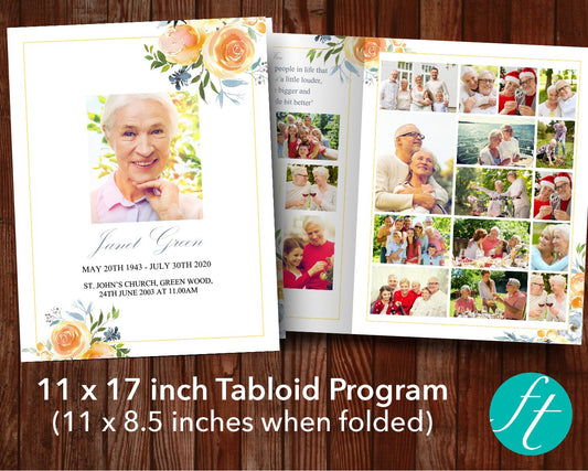 8 Page Yellow Rose Funeral Program Template (11 x 17 inches)