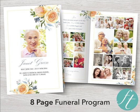 8 Page Yellow Rose Funeral Program Template