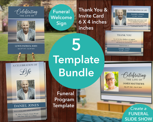 4 Page Beach Sunset Program + Sign, Slide Show, Thank You & Invite