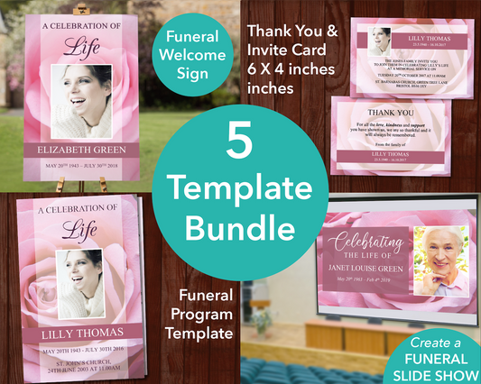 4 Page Pink Rose Program + Sign, Slide Show, Thank You & Invite