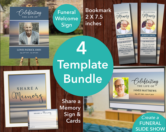 Beach Sunset Funeral Welcome Sign + Slide Show, Bookmark, Share a Memory Sign & Cards