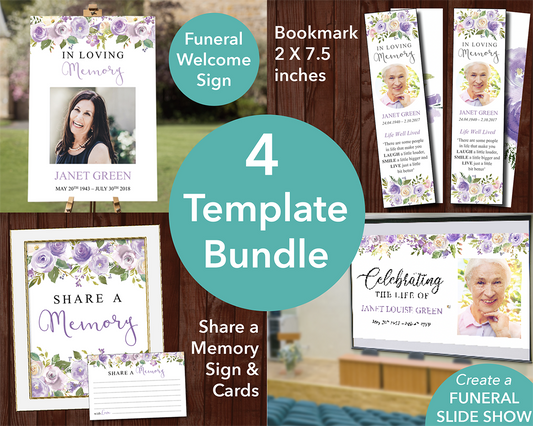 Lilac Bouquet Funeral Welcome Sign + Slide Show, Bookmark, Share a Memory Sign & Cards