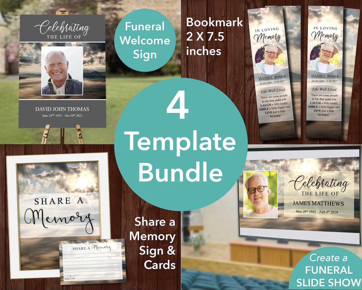 Mountain Funeral Sign + Slideshow, Bookmark, Share a Memory Sign & Cards Funeral Templates