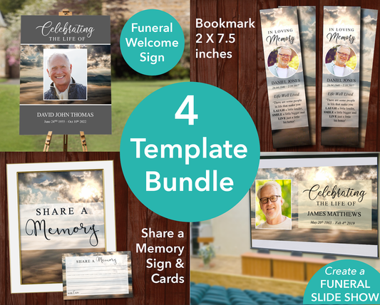Mountain Funeral Welcome Sign + Slide Show, Bookmark, Share a Memory Sign & Cards