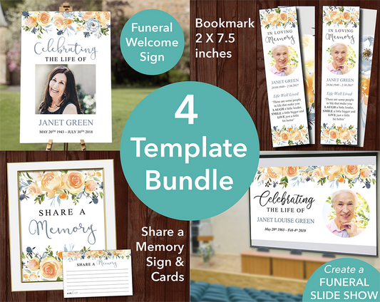 Yellow Rose Funeral Welcome Sign + Slide Show, Bookmark, Share a Memory Sign & Cards