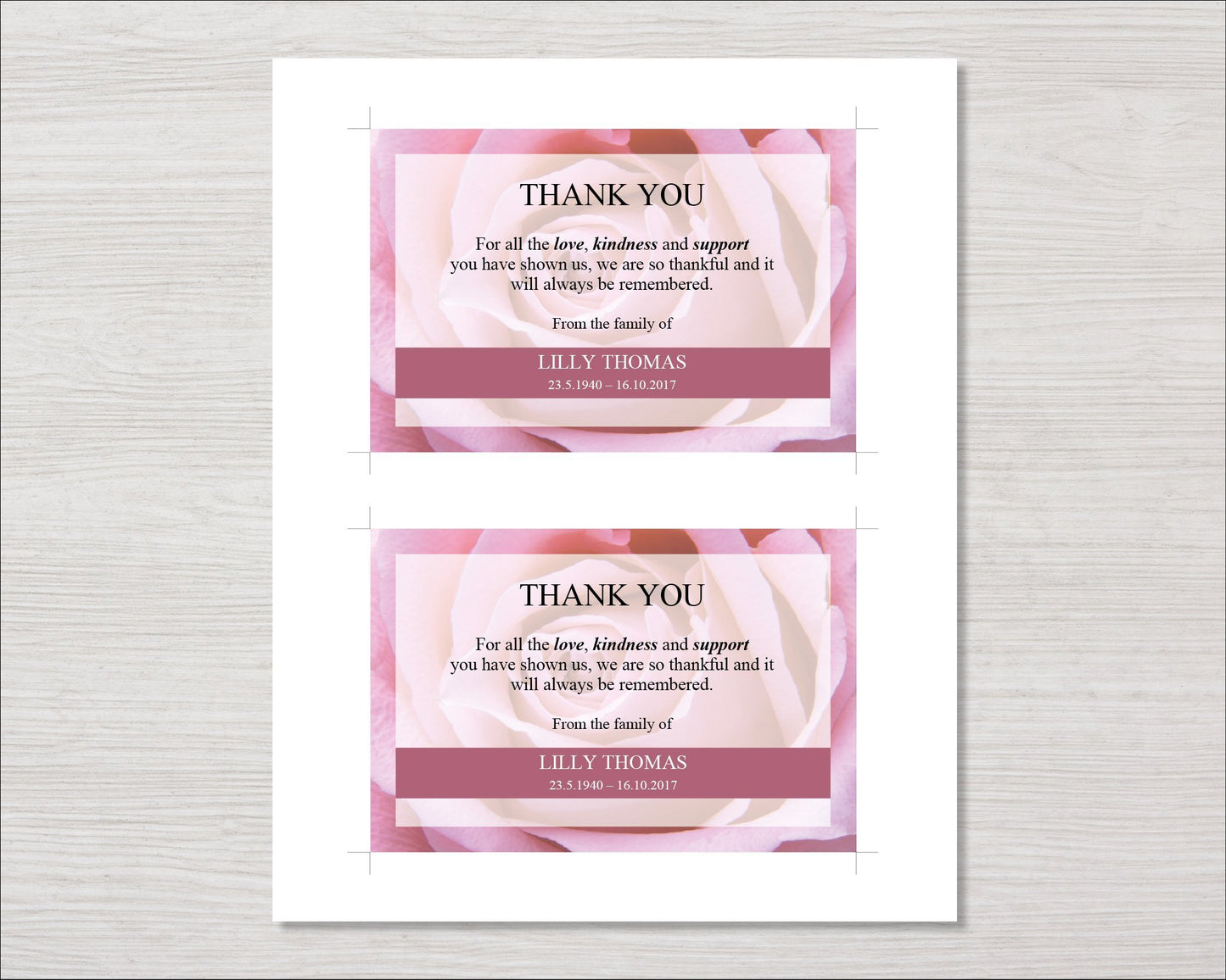 Pink Rose Funeral Thank You Card