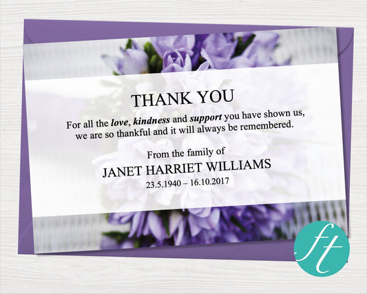 Purple Bouquet Funeral Thank You Card