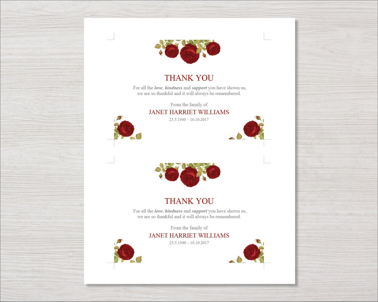 Red Rose Funeral Thank You Card