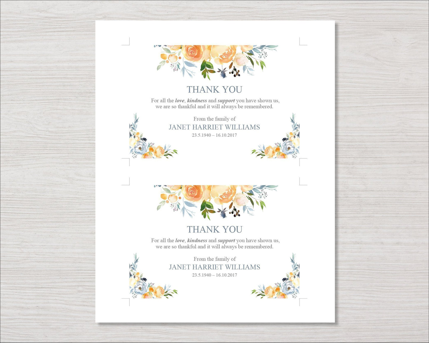 Yellow Rose Funeral Thank You Card