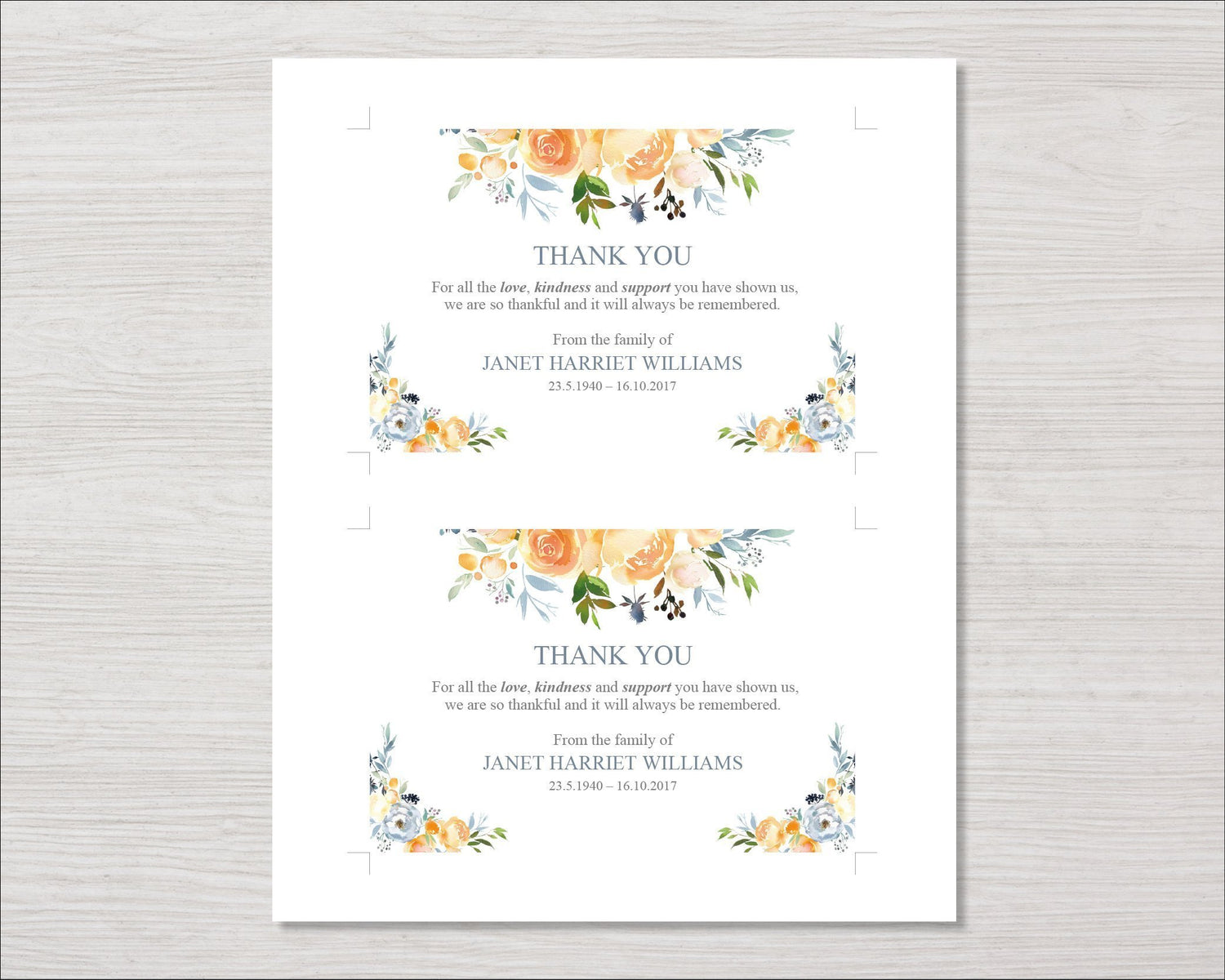 Yellow Rose Funeral Thank You Card