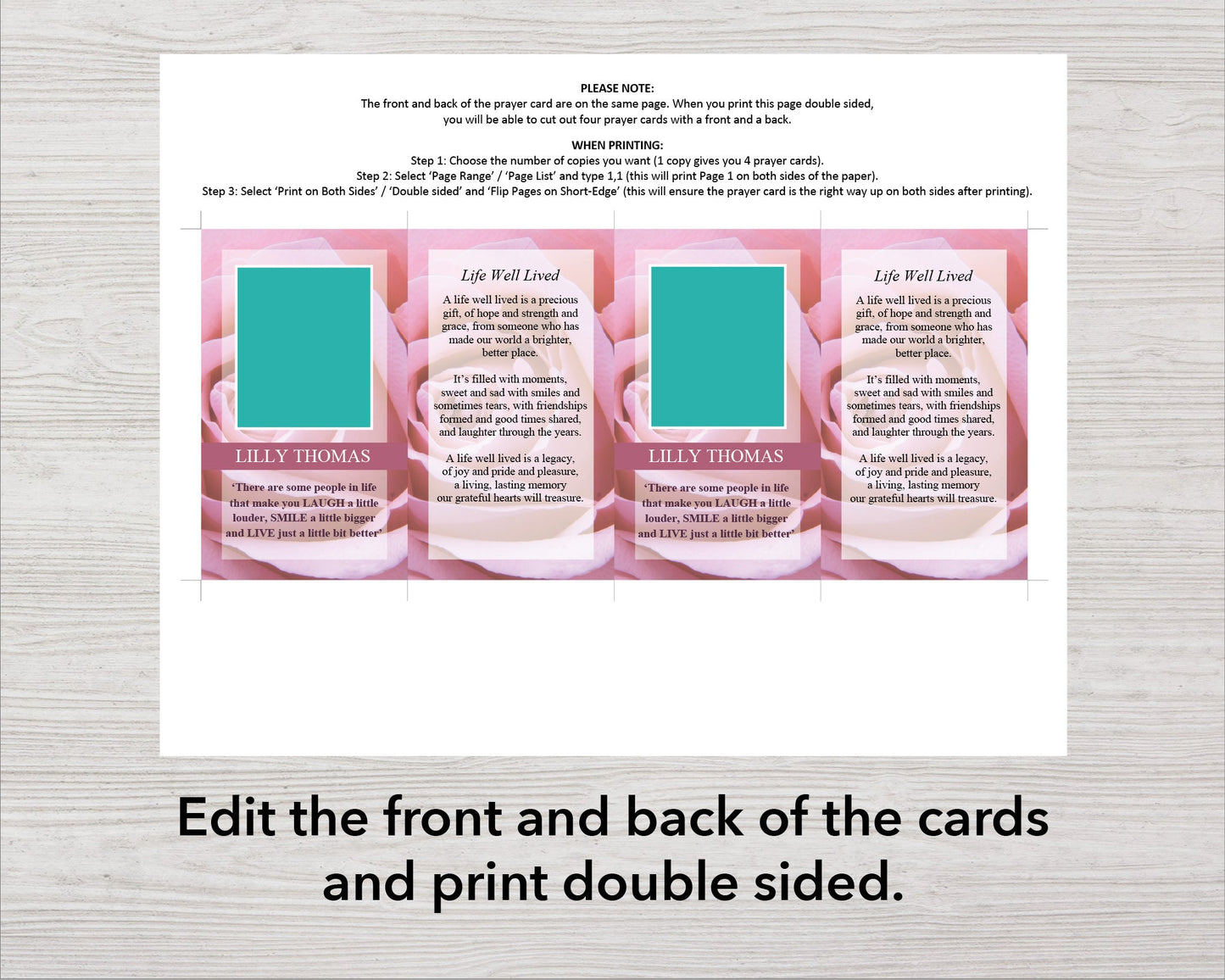 Pink Rose Funeral Prayer Card (4.25 x 2.5 inches)