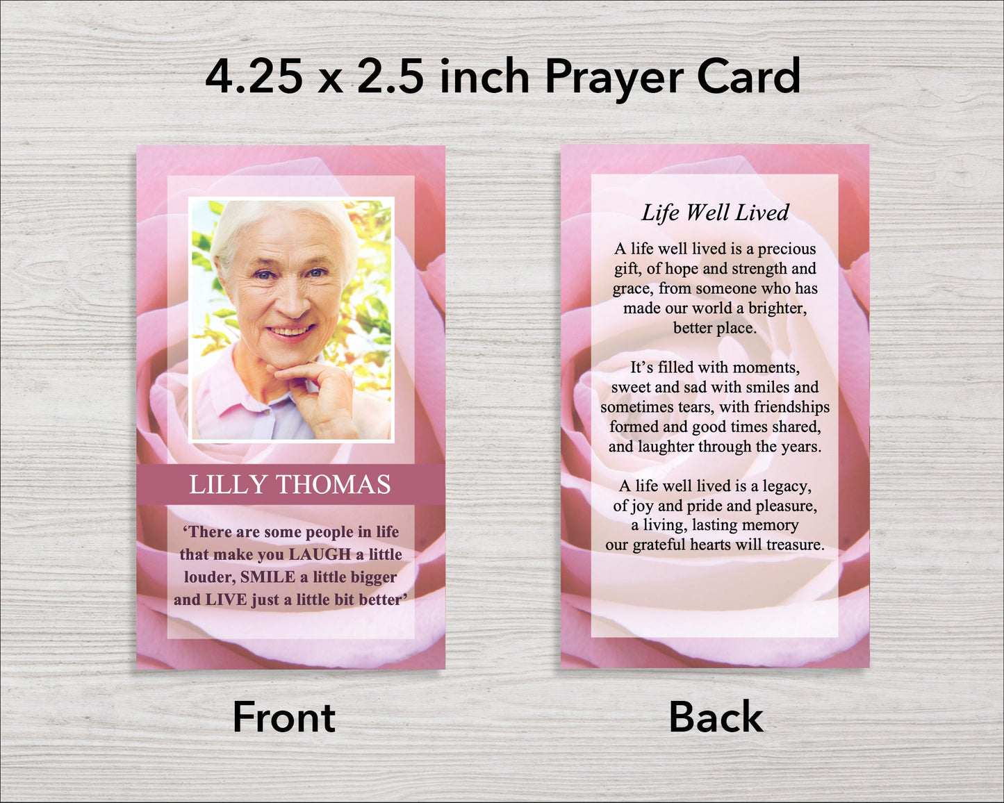 Pink Rose Funeral Prayer Card (4.25 x 2.5 inches)