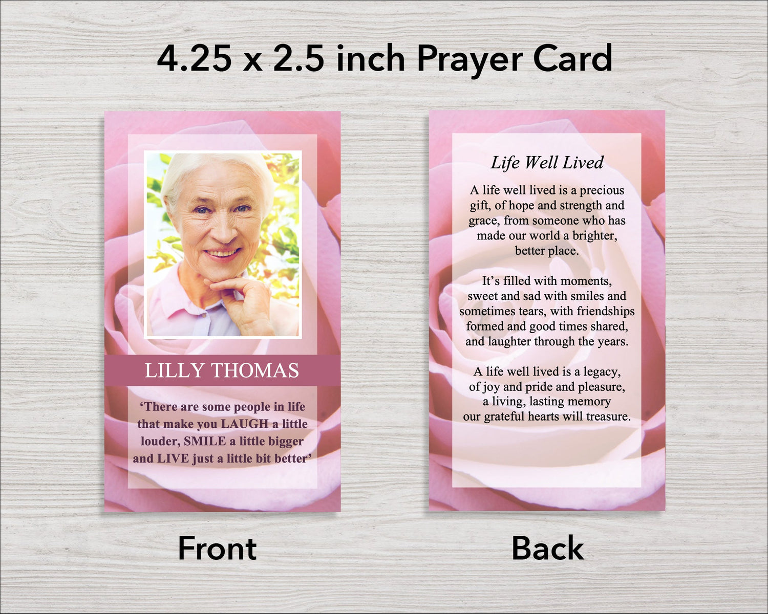 Pink Rose Funeral Prayer Card (4.25 x 2.5 inches)