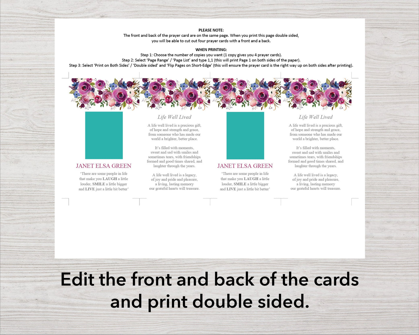 Purple Roses Funeral Prayer Card (4.25 x 2.5 inches)