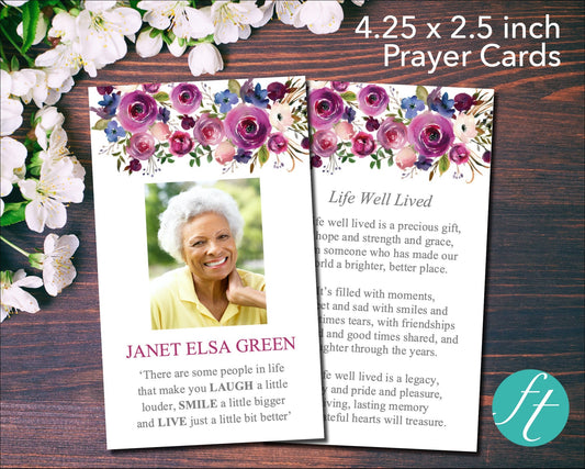 Purple Roses Funeral Prayer Card (4.25 x 2.5 inches)