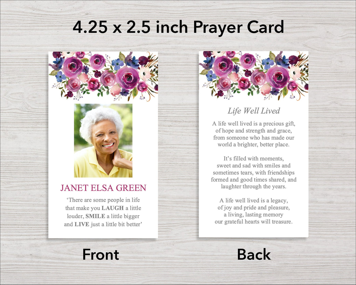 Purple Roses Funeral Prayer Card (4.25 x 2.5 inches)