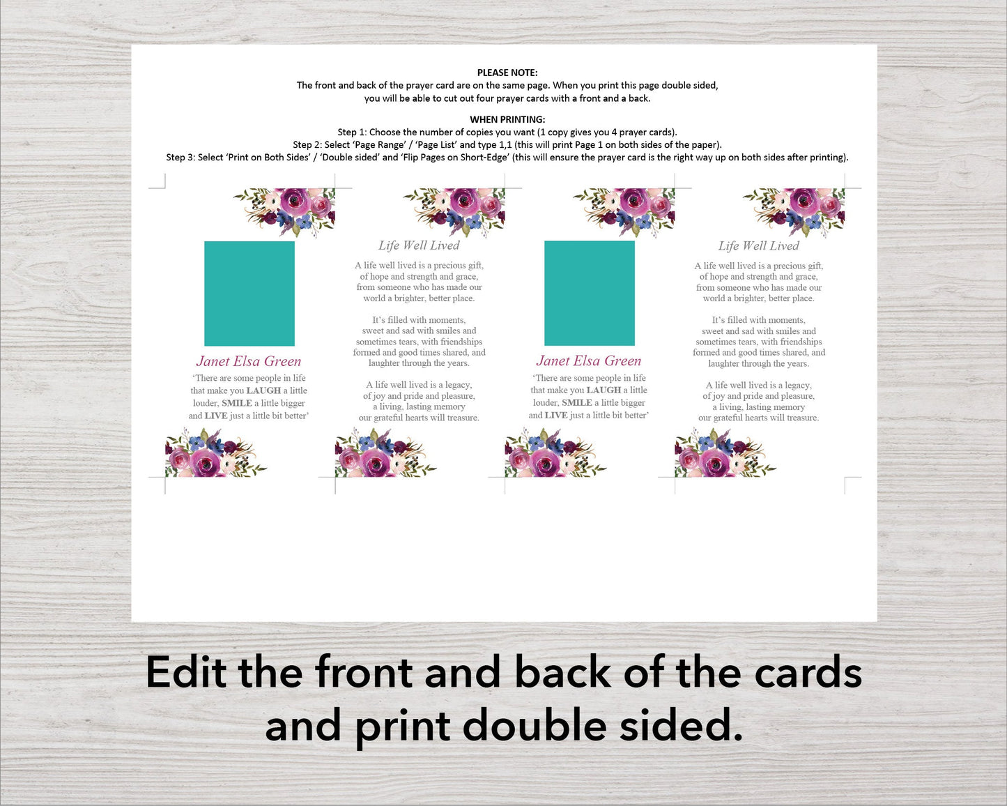 Rose Bloom Funeral Prayer Card (4.25 x 2.5 inches)