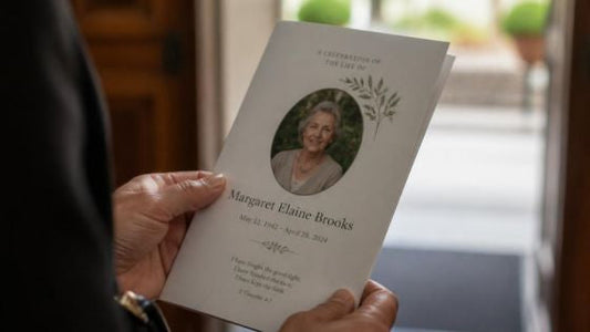 A close-up of a person's hands holding a folded funeral program at the entrance of a church