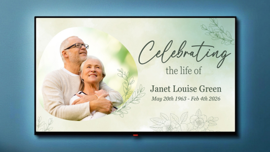 Green leaves design funeral slideshow template displayed on a large screen