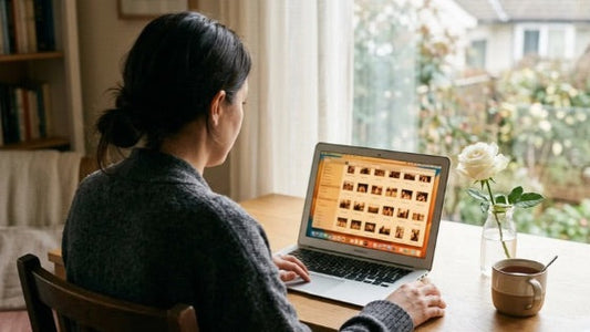 Over-the-shoulder view of a person sitting at a tidy desk in soft natural window light, using a laptop to sort family photos into a grid of thumbnail folders on the screen.