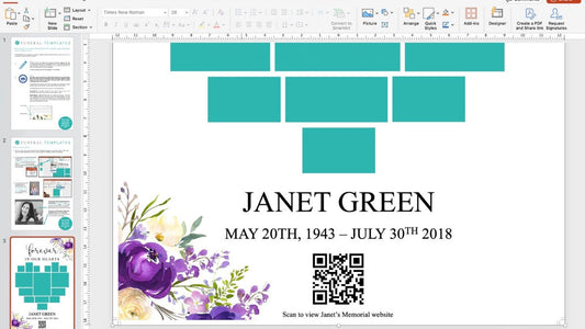 A QR Code being added to a funeral welcome sign template in PowerPoint