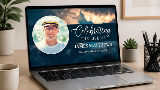 Laptop with a funeral slideshow template displayed